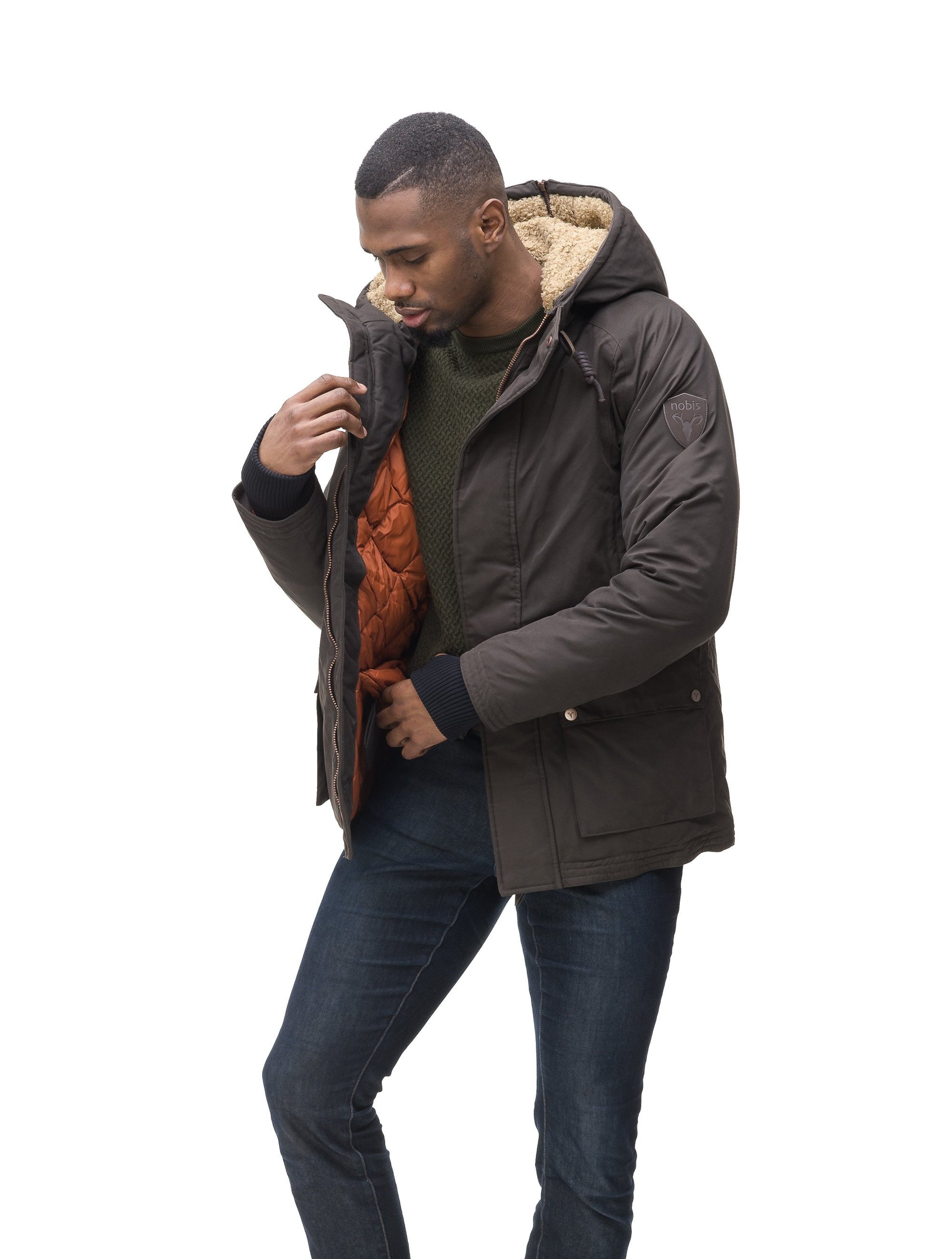 Men's town coat with Berber lined convertible collar and hood in Dark Brown