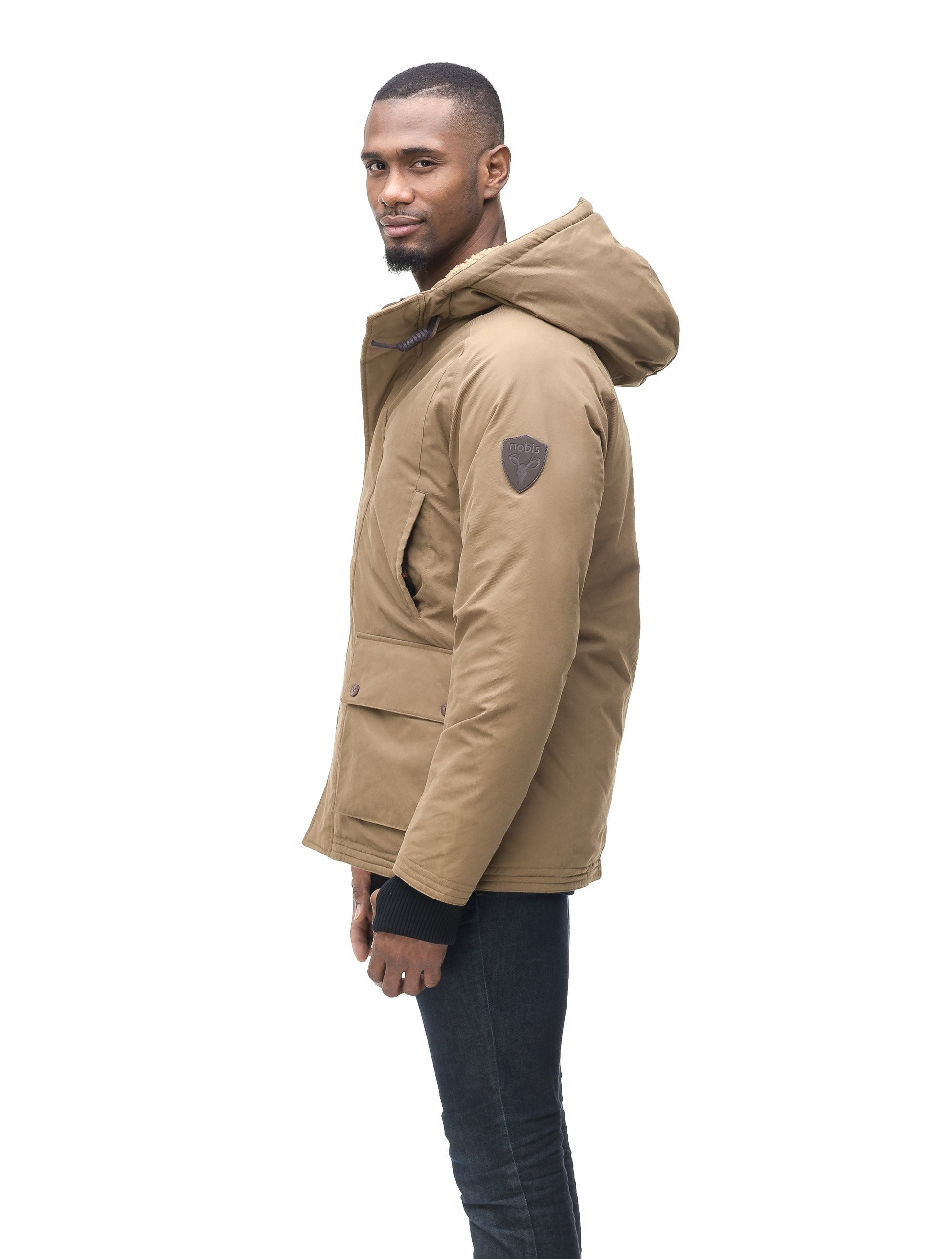 Men's town coat with Berber lined convertible collar and hood in Tan