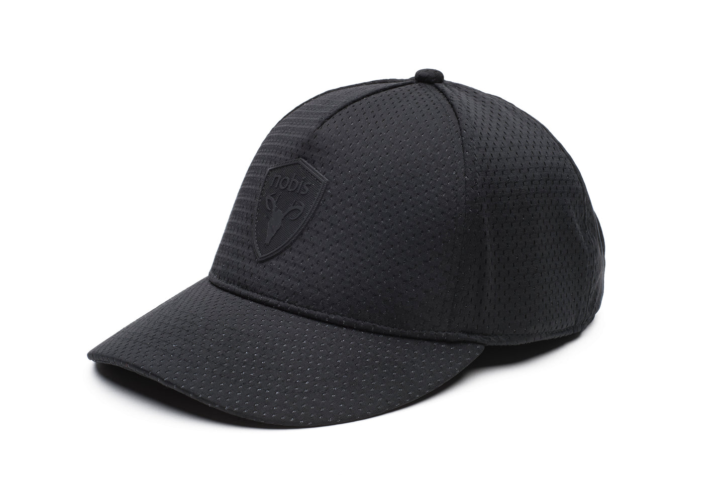 Unisex jersey 5-panel baseball hat with curved brim and adjustable strap at back in Black