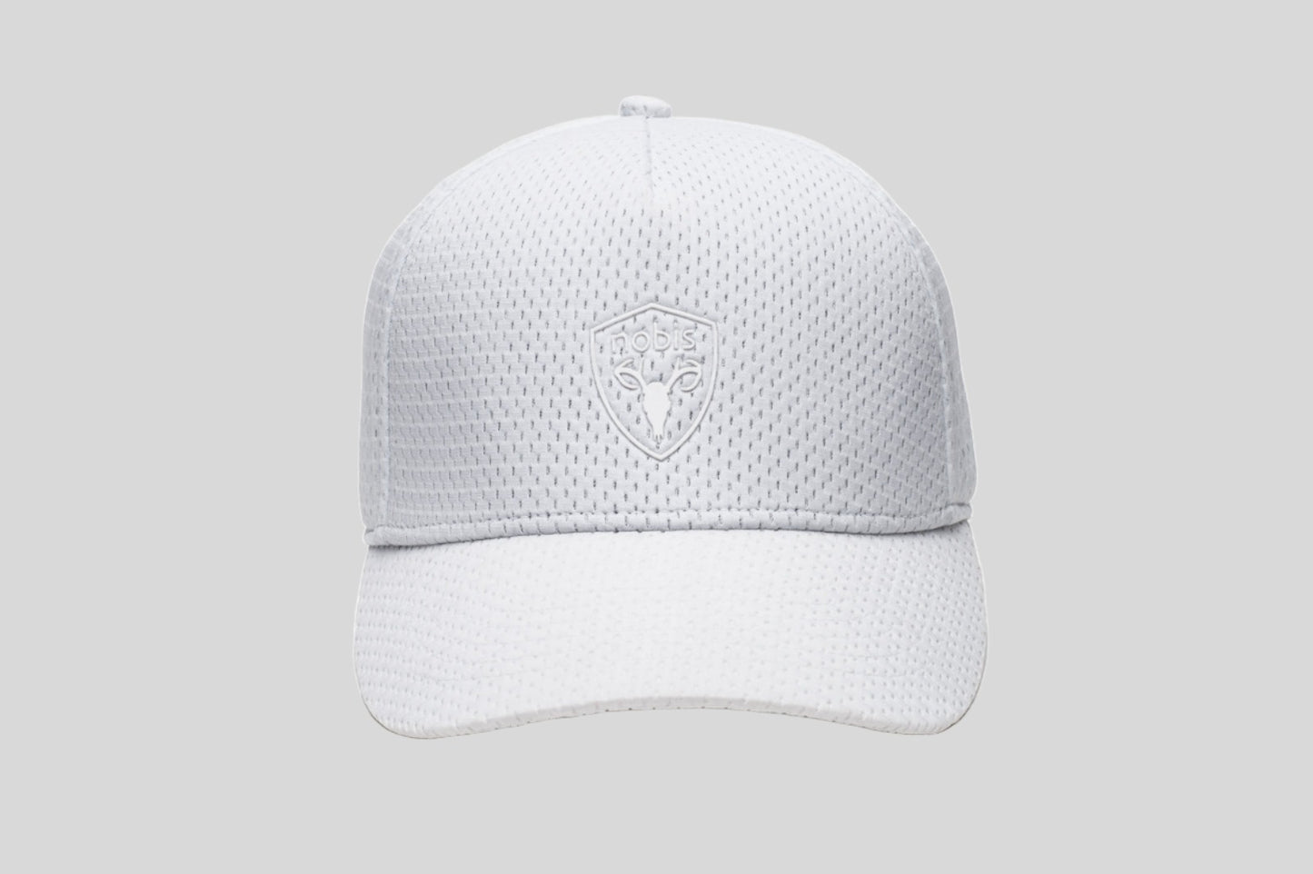 Unisex jersey 5-panel baseball hat with curved brim and adjustable strap at back in White