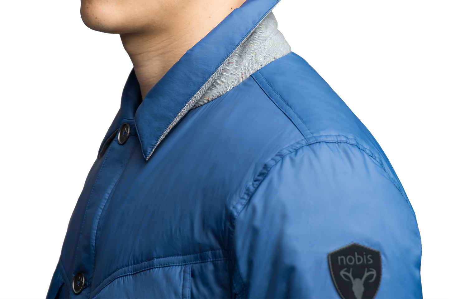 Men's hip length down-filled shirt jacket in Denim Blue
