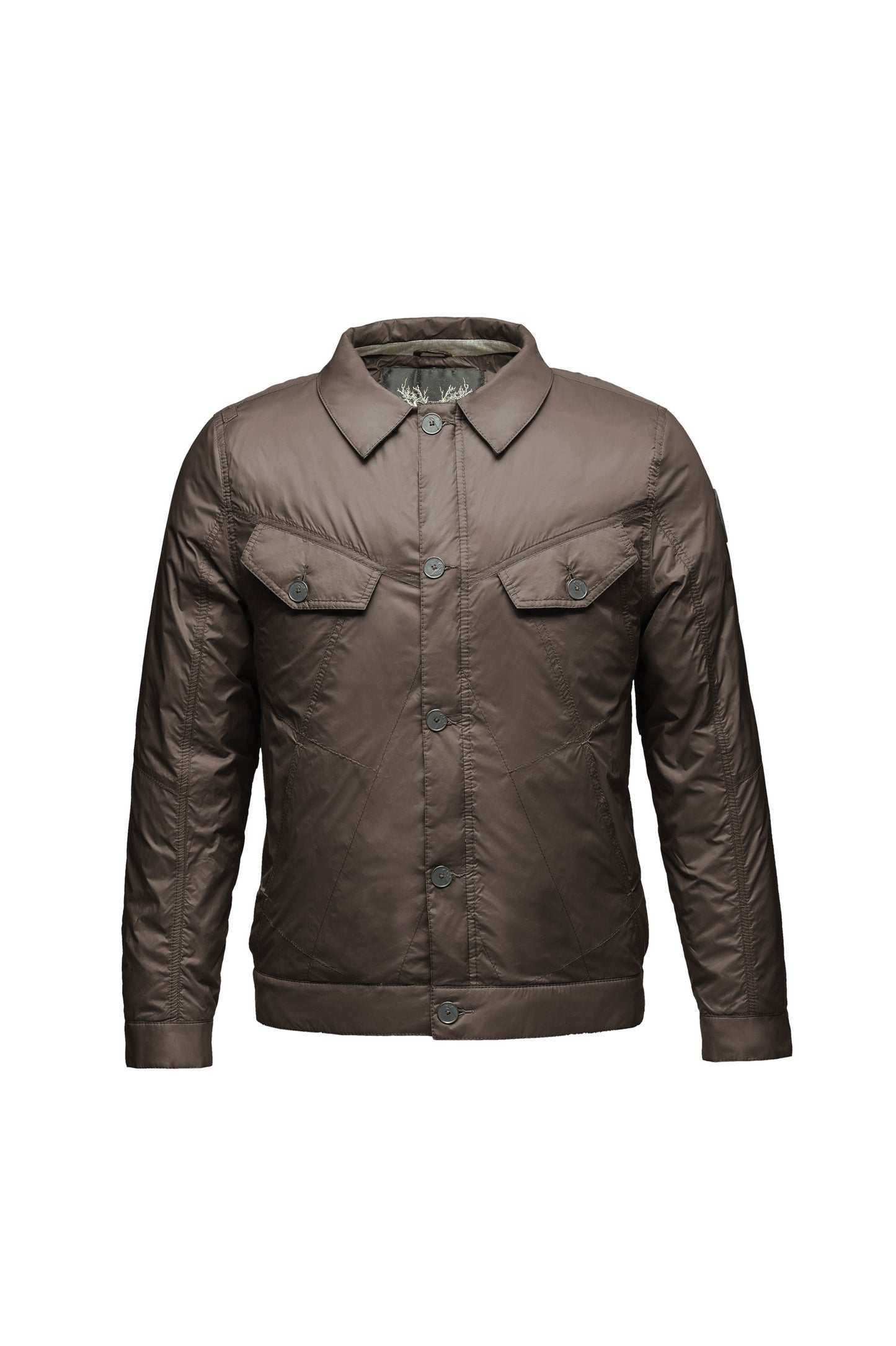 Men's hip length down-filled shirt jacket in Dark Brown