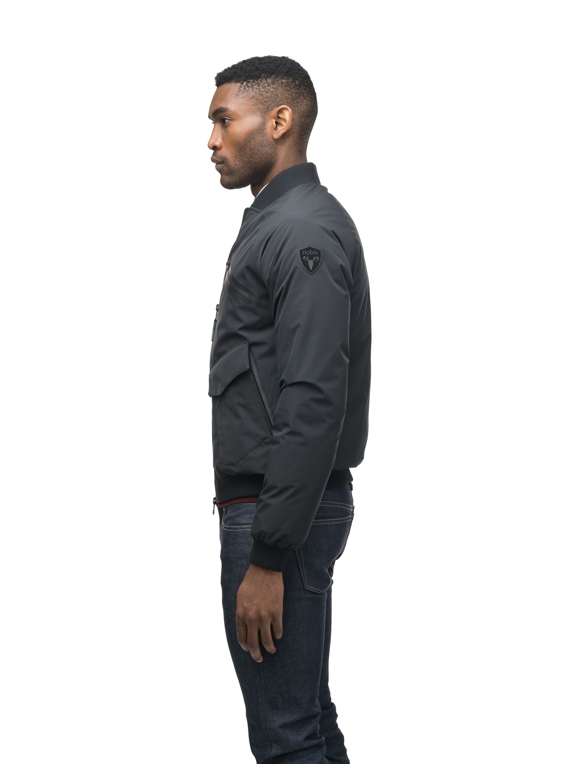 Men's classic crew neck lightweight down filled bomber with exposed zipper in Black