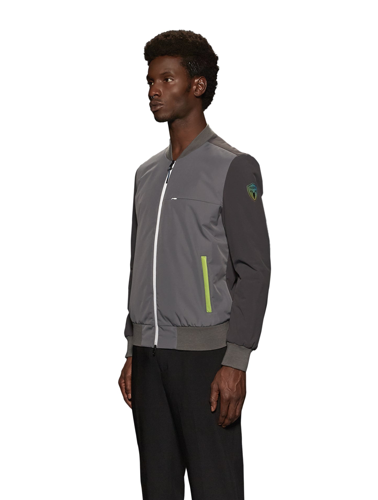 Unisex hip length bomber jacket with a contrast colour back panel, and zipper pockets at waist and an invisible zipper pocket at chest, in Concrete/Steel Grey