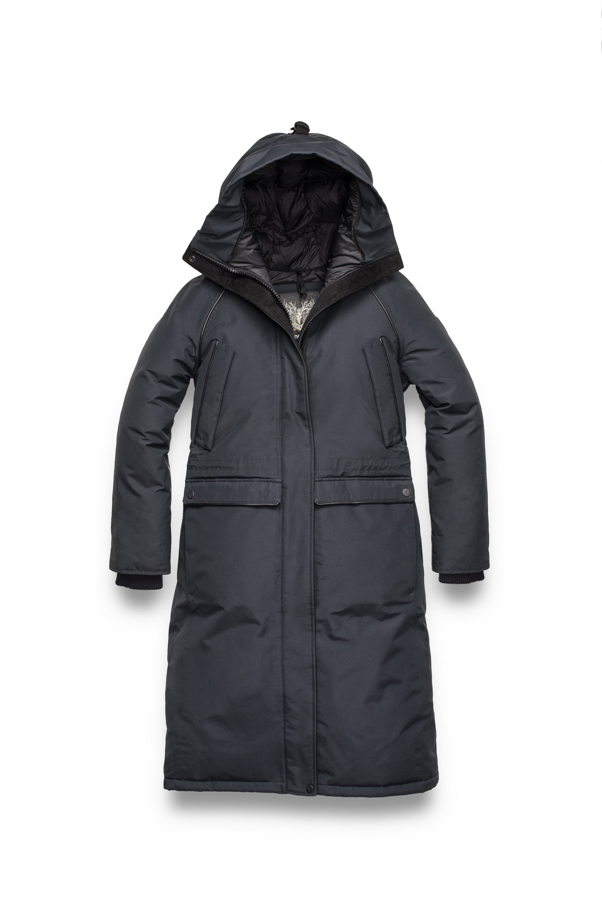 Ladies knee length down-filled parka with four exterior pockets, and a non-removable hood with detachable fur trim in Black