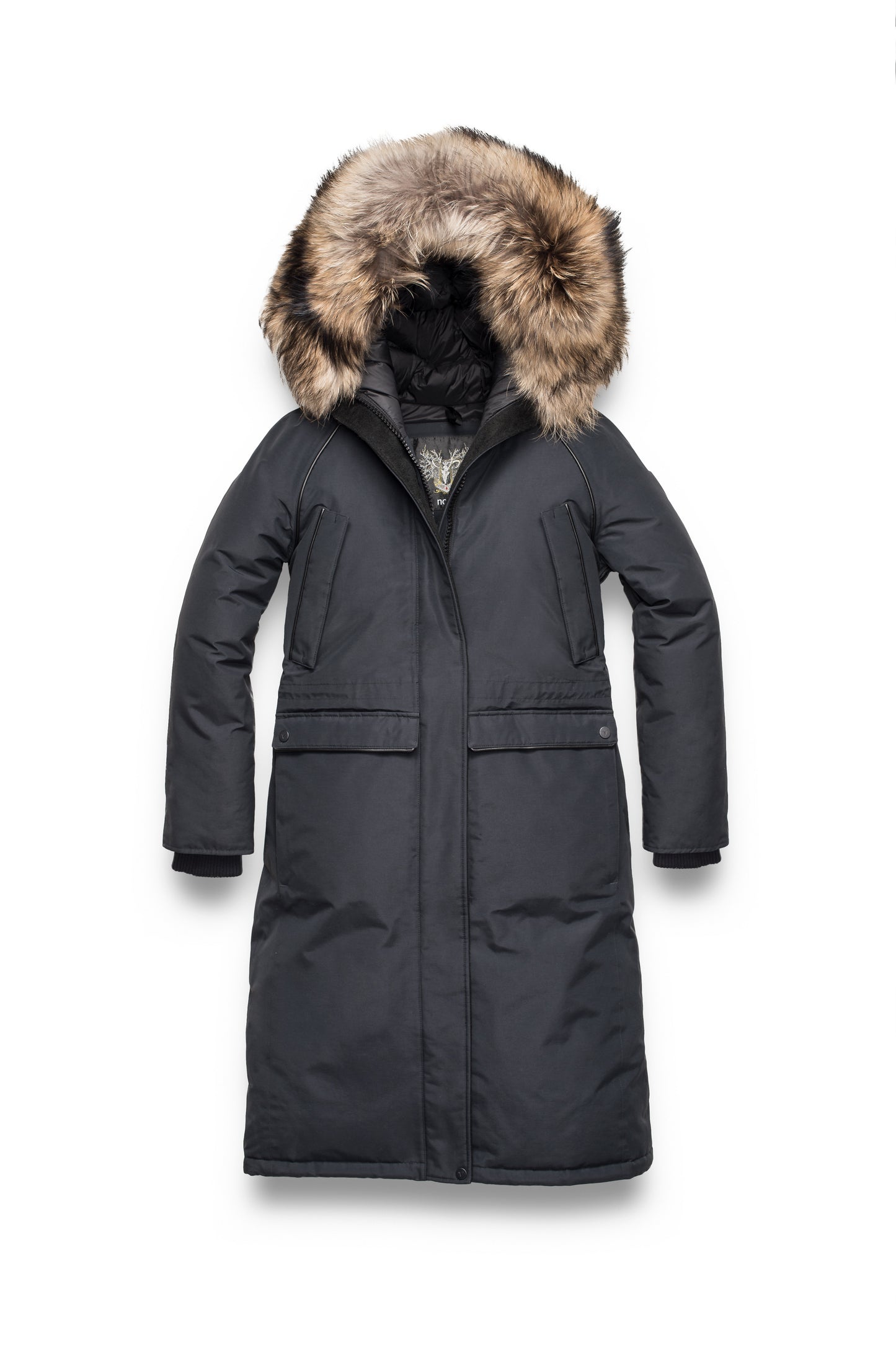 Ladies knee length down-filled parka with four exterior pockets, and a non-removable hood with detachable fur trim in Black