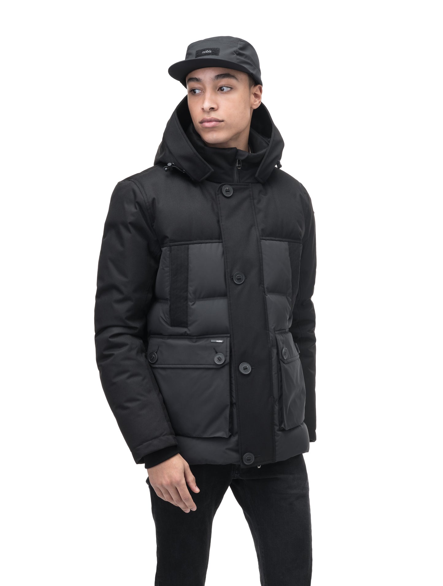 Cardinal Men's Puffer Parka in hip length, Canadian duck down insulation, removable hood, quilted body, and two-way front zipper, in Black
