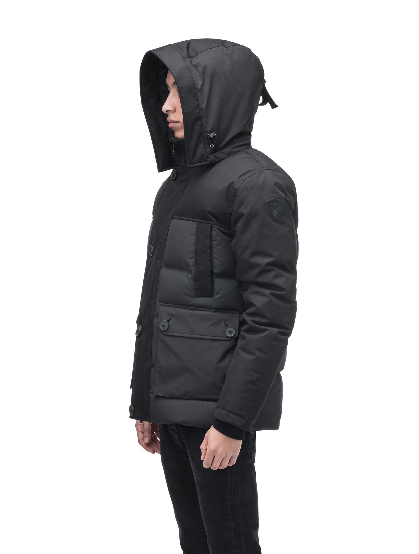 Cardinal Men's Puffer Parka in hip length, Canadian duck down insulation, removable hood, quilted body, and two-way front zipper, in Black