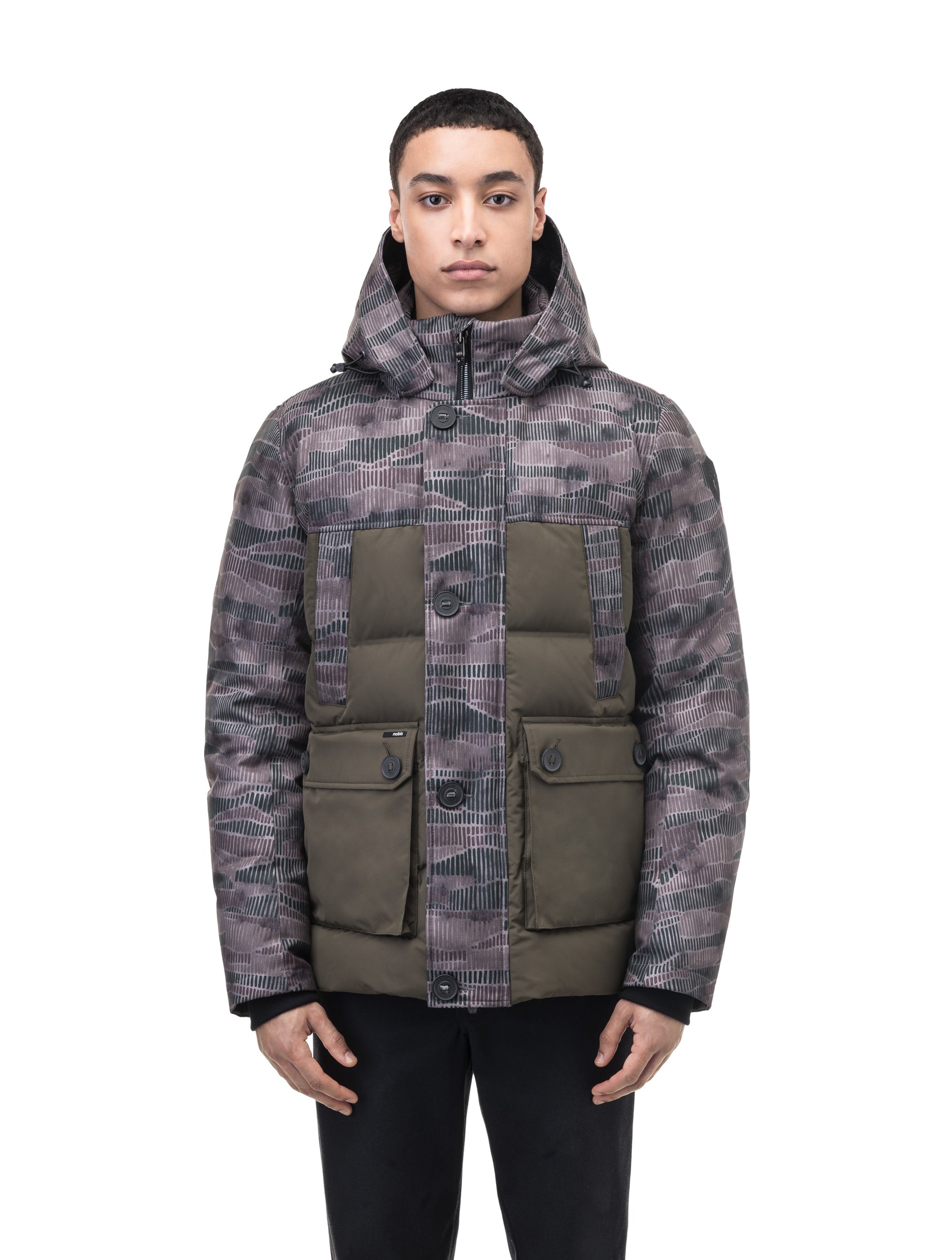 Cardinal Men's Puffer Parka in hip length, Canadian duck down insulation, removable hood, quilted body, and two-way front zipper, in Dark Sandstorm