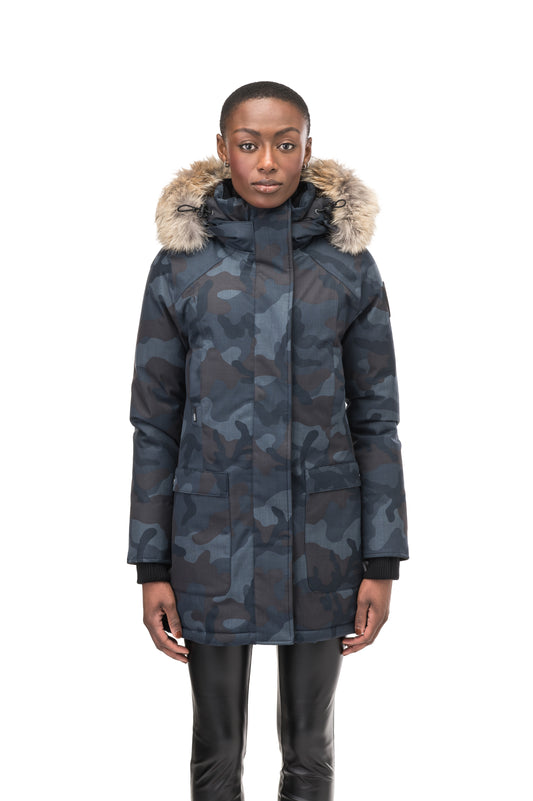 Women's down filled parka that sits just below the hip with a clean look and two hip patch pockets in Navy Camo