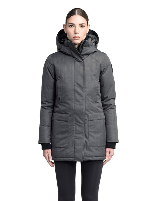 Carla Furless Ladies Parka in thigh length with Canadian Premium White Duck Down insulation, non-removable hood, centre-front zipper with magnetic closure wind flap, and four exterior pockets, in Steel Grey