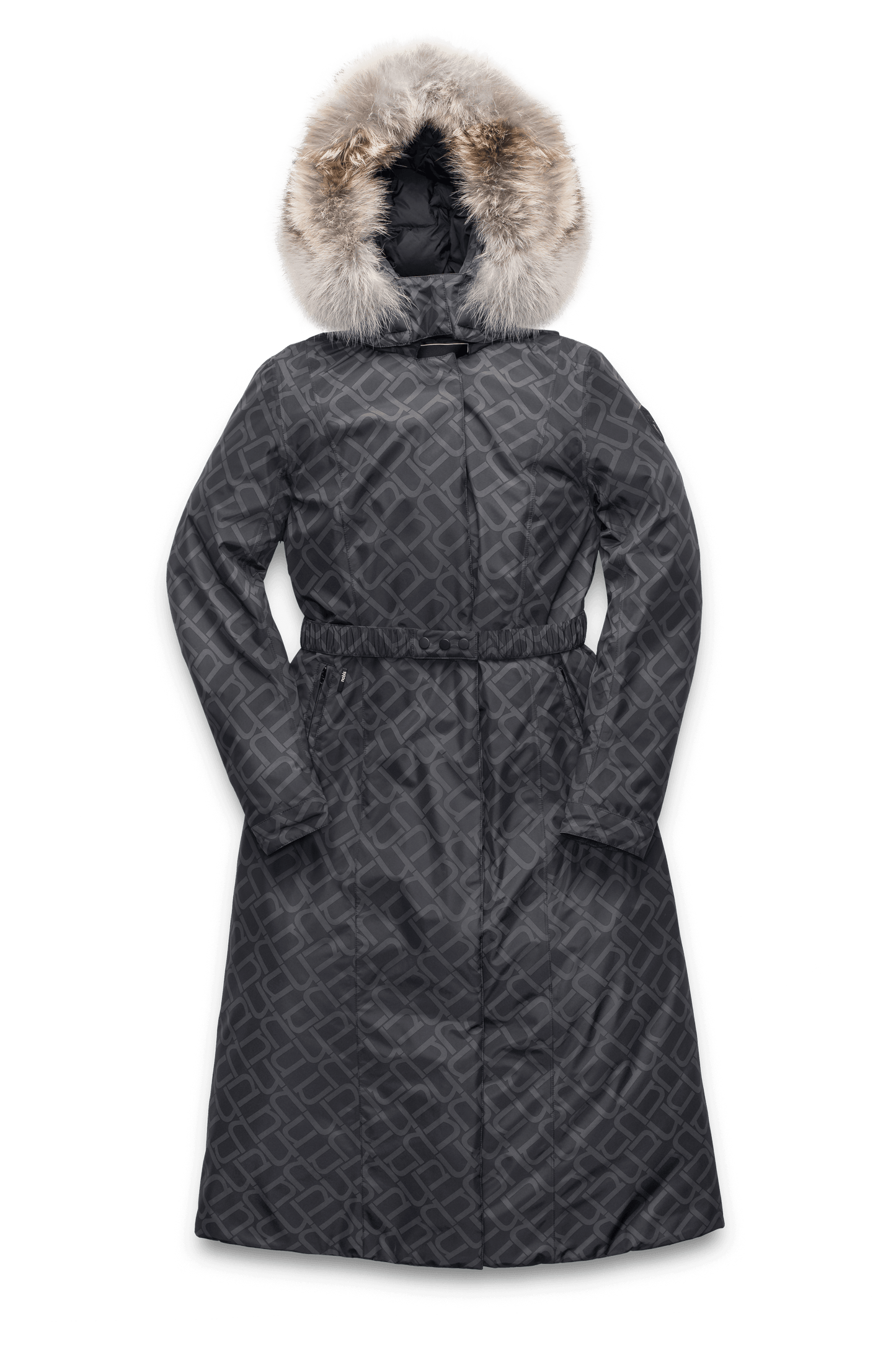 Celest Ladies Duster Parka in knee length, Canadian duck down insulation, removable hood and coyote fur trim, with adjustable belt, in Dark Monogram