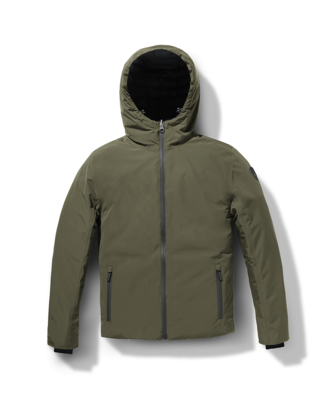 Chris Men's Mid Weight Reversible Puffer Jacket in hip length, Canadian duck down insulation, non-removable adjustable hood, ribbed cuffs, and quilted body on reversible side, in Fatigue