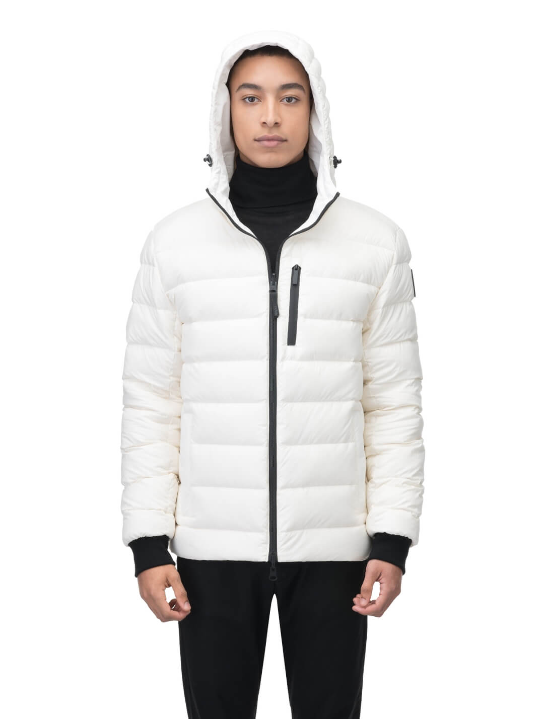 Chris Men's Mid Weight Reversible Puffer Jacket in hip length, Canadian duck down insulation, non-removable adjustable hood, ribbed cuffs, and quilted body on reversible side, in Chalk
