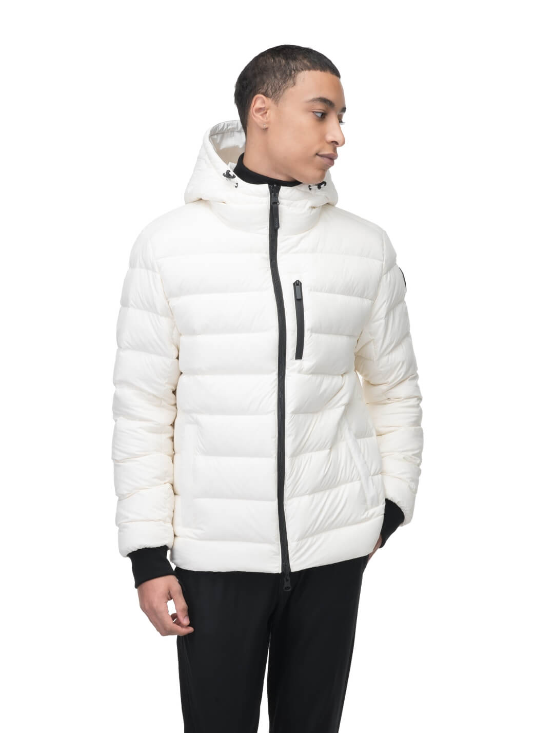 Chris Men's Mid Weight Reversible Puffer Jacket in hip length, Canadian duck down insulation, non-removable adjustable hood, ribbed cuffs, and quilted body on reversible side, in Chalk