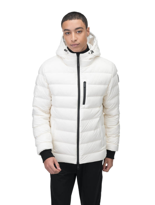 Chris Men's Mid Weight Reversible Puffer Jacket in hip length, Canadian duck down insulation, non-removable adjustable hood, ribbed cuffs, and quilted body on reversible side, in Chalk