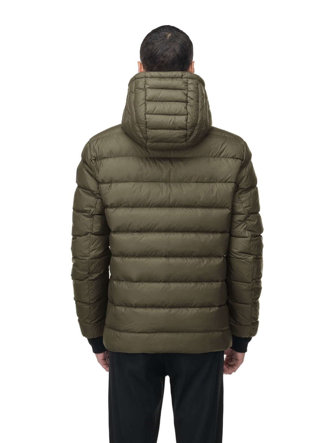 Chris Men's Mid Weight Reversible Puffer Jacket in hip length, Canadian duck down insulation, non-removable adjustable hood, ribbed cuffs, and quilted body on reversible side, in Fatigue