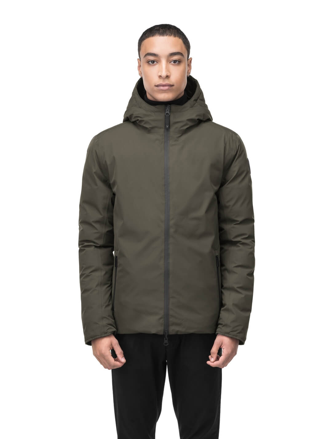 Chris Men's Mid Weight Reversible Puffer Jacket in hip length, Canadian duck down insulation, non-removable adjustable hood, ribbed cuffs, and quilted body on reversible side, in Fatigue