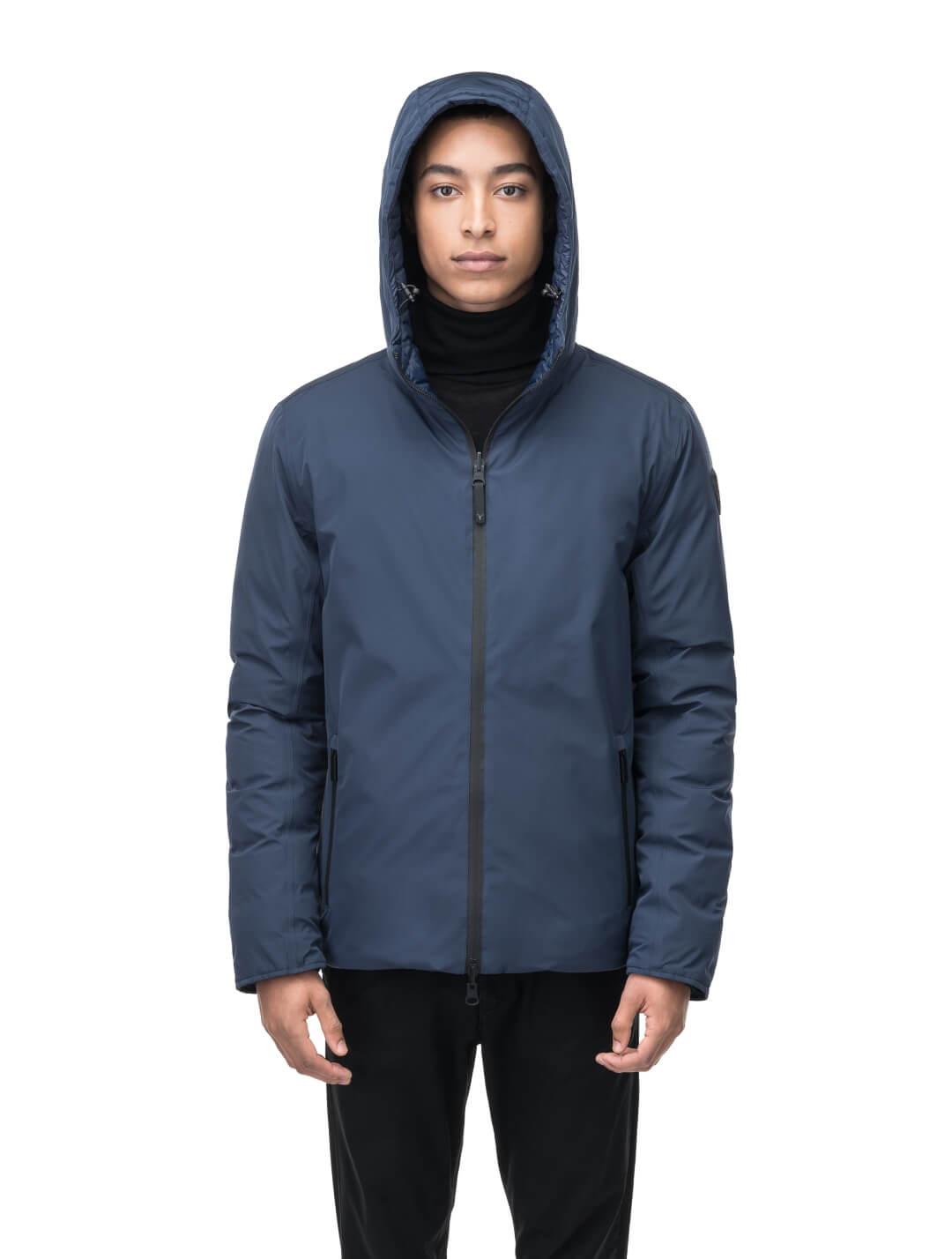 Chris Men's Mid Weight Reversible Puffer Jacket in hip length, Canadian duck down insulation, non-removable adjustable hood, ribbed cuffs, and quilted body on reversible side, in Marine