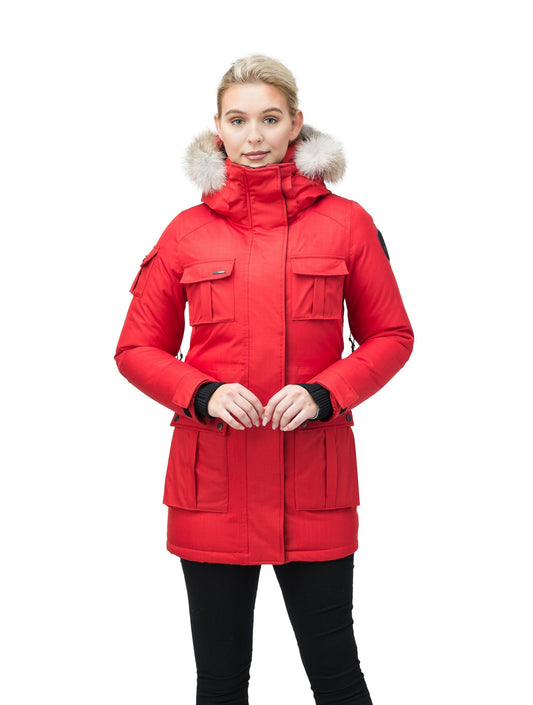 Women's down filled thigh length parka with four pleated patch pockets and an adjustable waist in CH Red