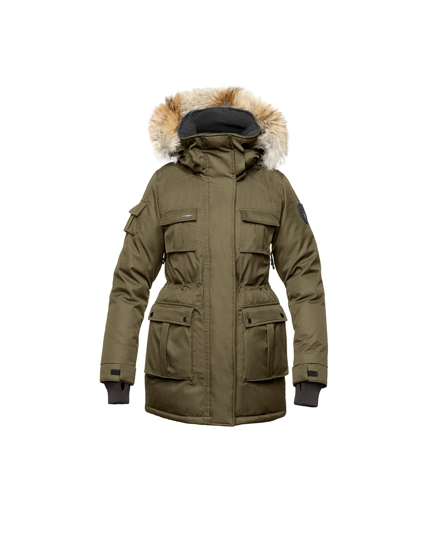 Women's down filled thigh length parka with four pleated patch pockets and an adjustable waist in CH Army Green