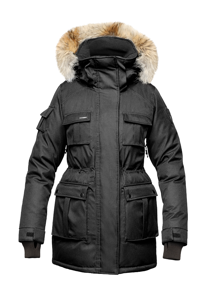 Women's down filled thigh length parka with four pleated patch pockets and an adjustable waist in CH Black