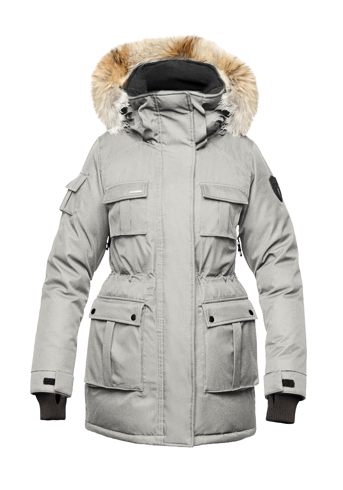 Women's down filled thigh length parka with four pleated patch pockets and an adjustable waist in CH Light Grey