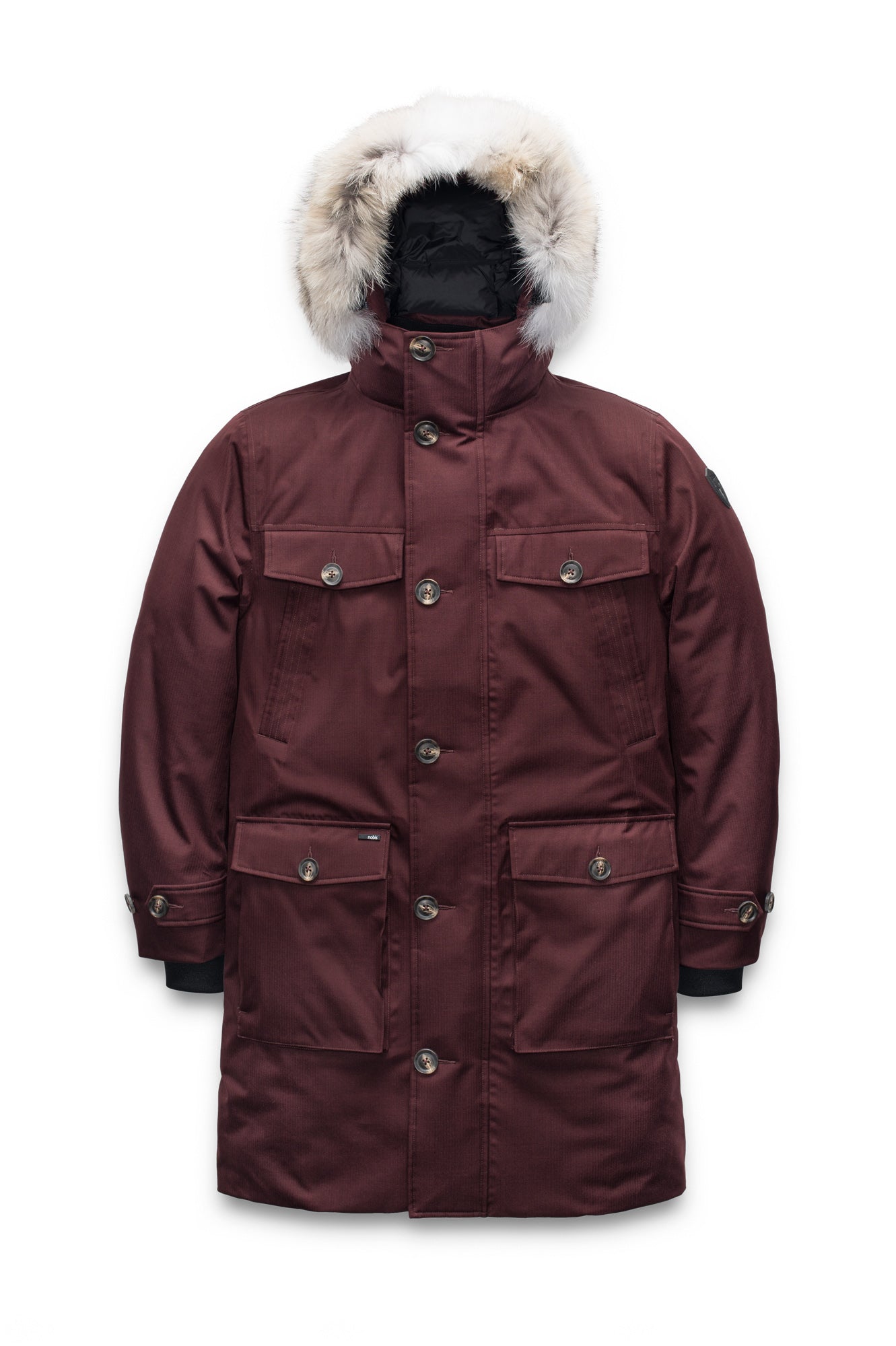 Citizen Men's Tailored Parka in knee length, Canadian duck down insulation, non-removable hood, and two-way zipper, in Merlot