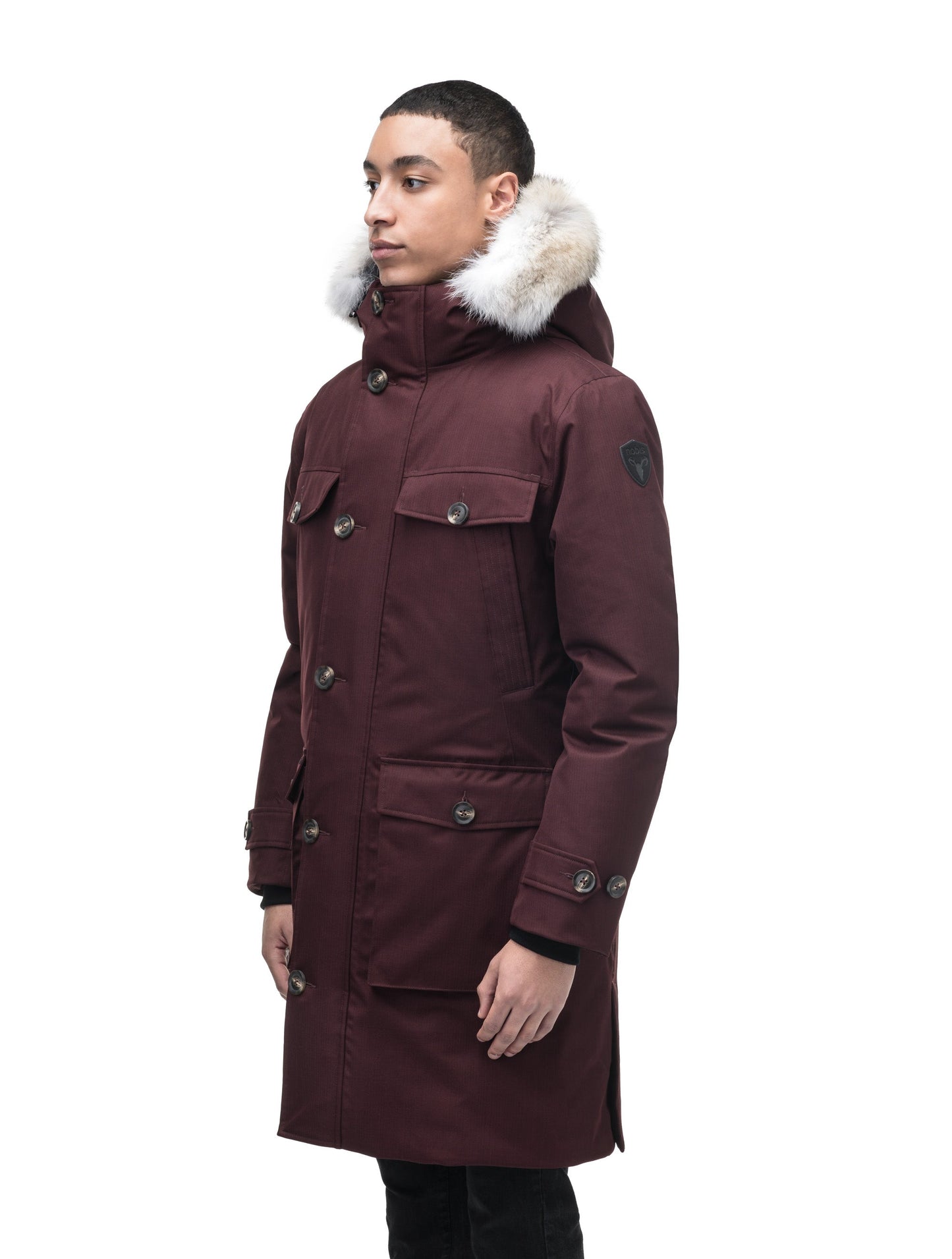 Citizen Men's Tailored Parka in knee length, Canadian duck down insulation, non-removable hood, and two-way zipper, in Merlot