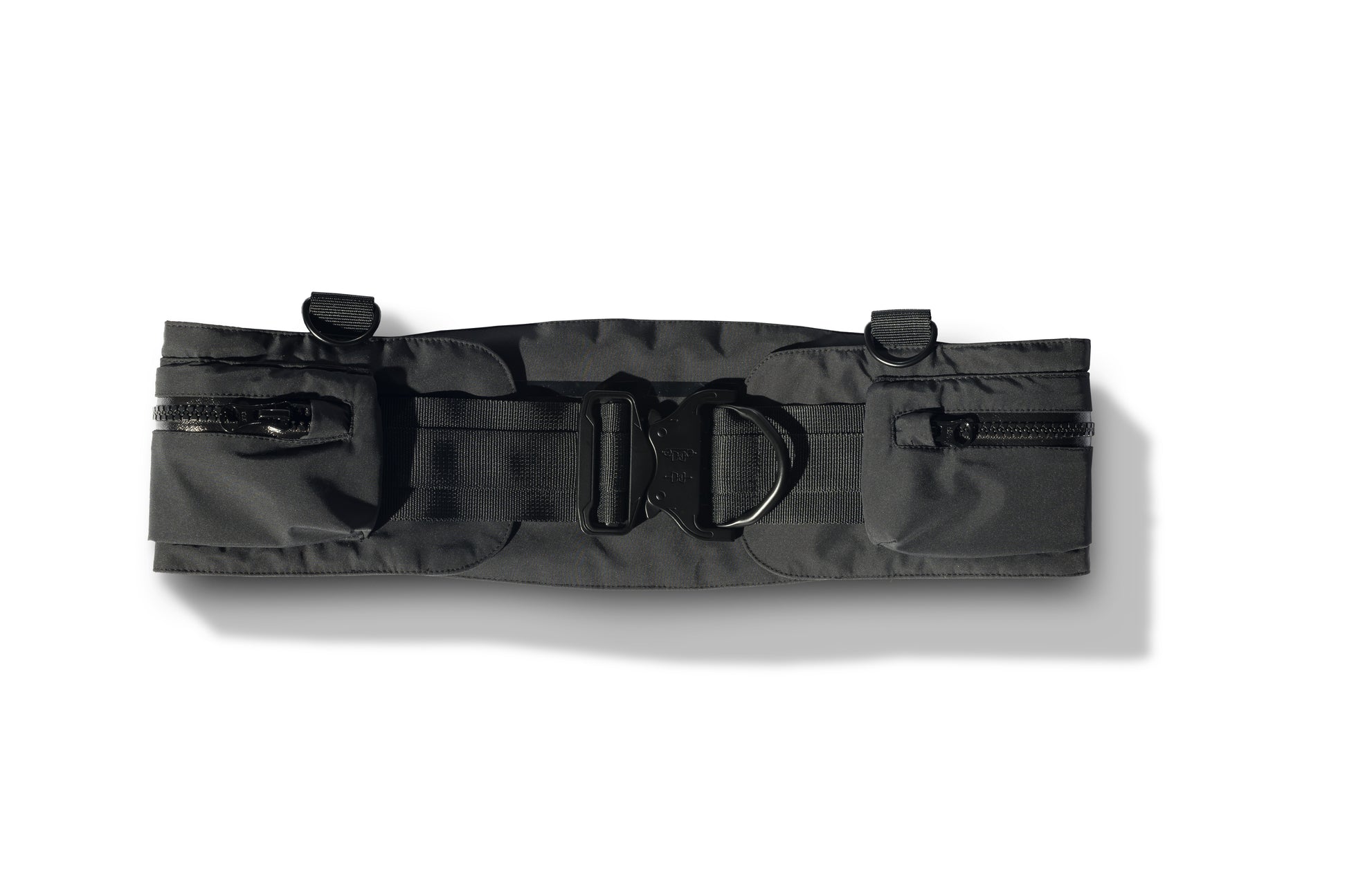 Cylar Unisex Tactical Modular Belt in 3-ply micro denier fabrication with DWR coating, cobra buckle closure with webbing straps, and three pockets with waterproof zippers, in Black