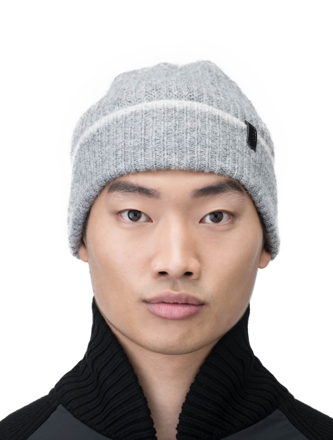Dain Unisex Knit Watch Cap in superfine alpaca and merino wool, contrast colour knit along cuff, and Nobis embossed leather label at the cuff, in Grey Melange