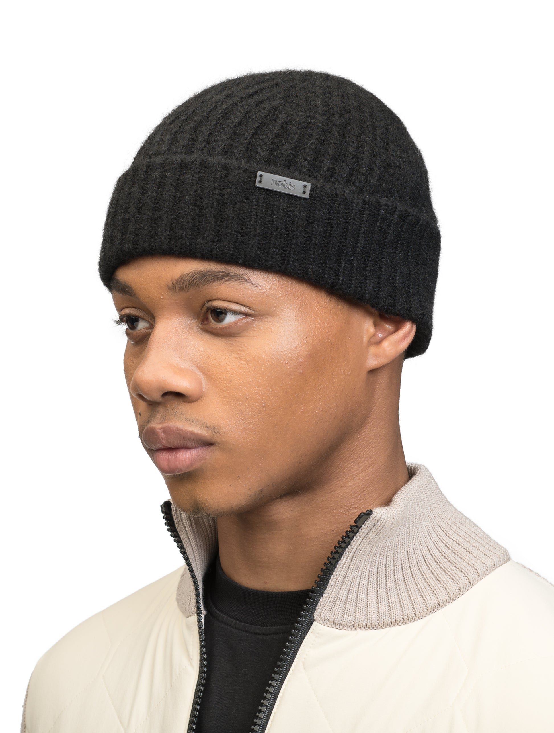 Dain Unisex Knit Watch Cap in superfine alpaca and merino wool, contrast colour knit along cuff, and Nobis embossed leather label at the cuff, in Black