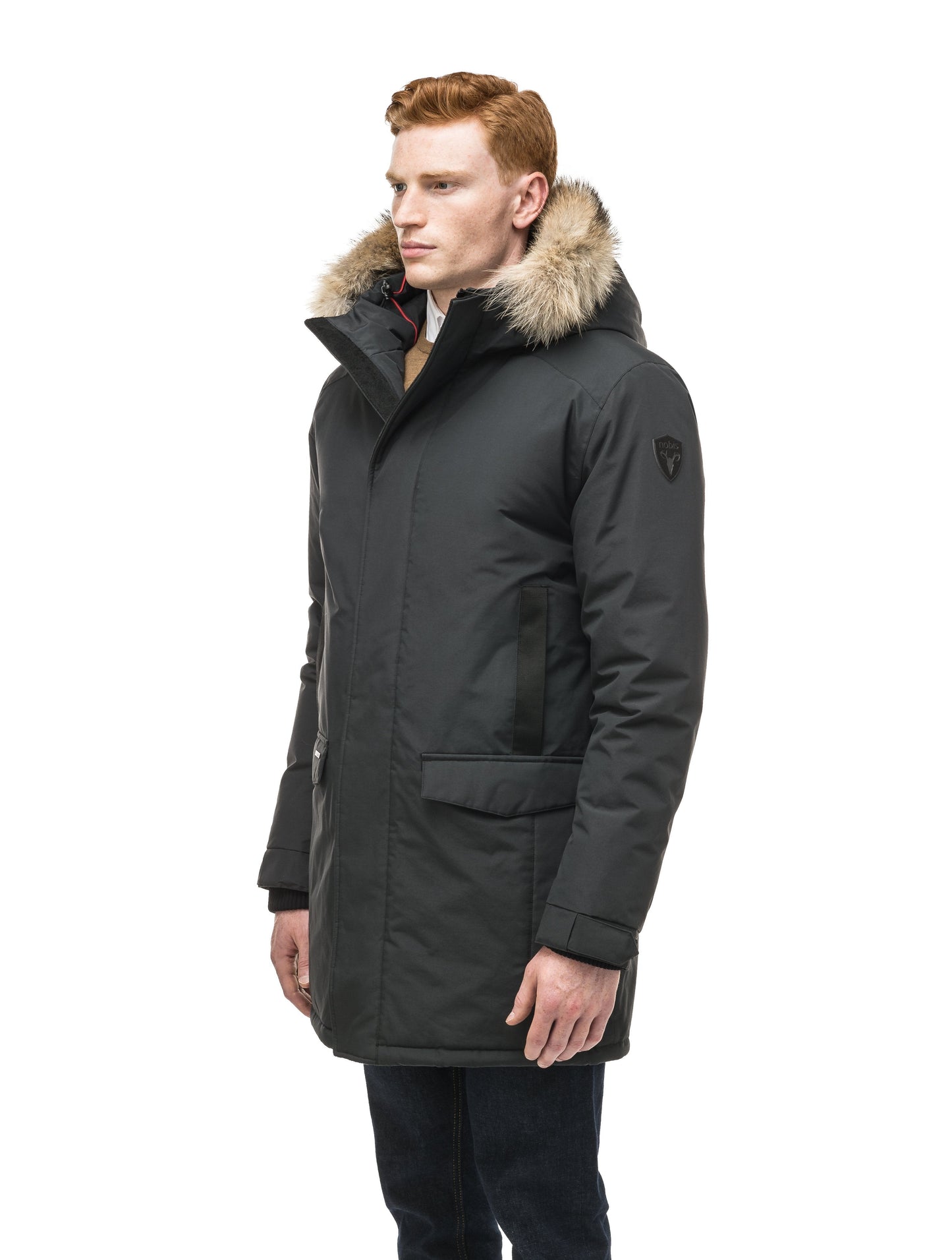Lightweight men's parka with duck down fill and removable fur trim around the hood in Black