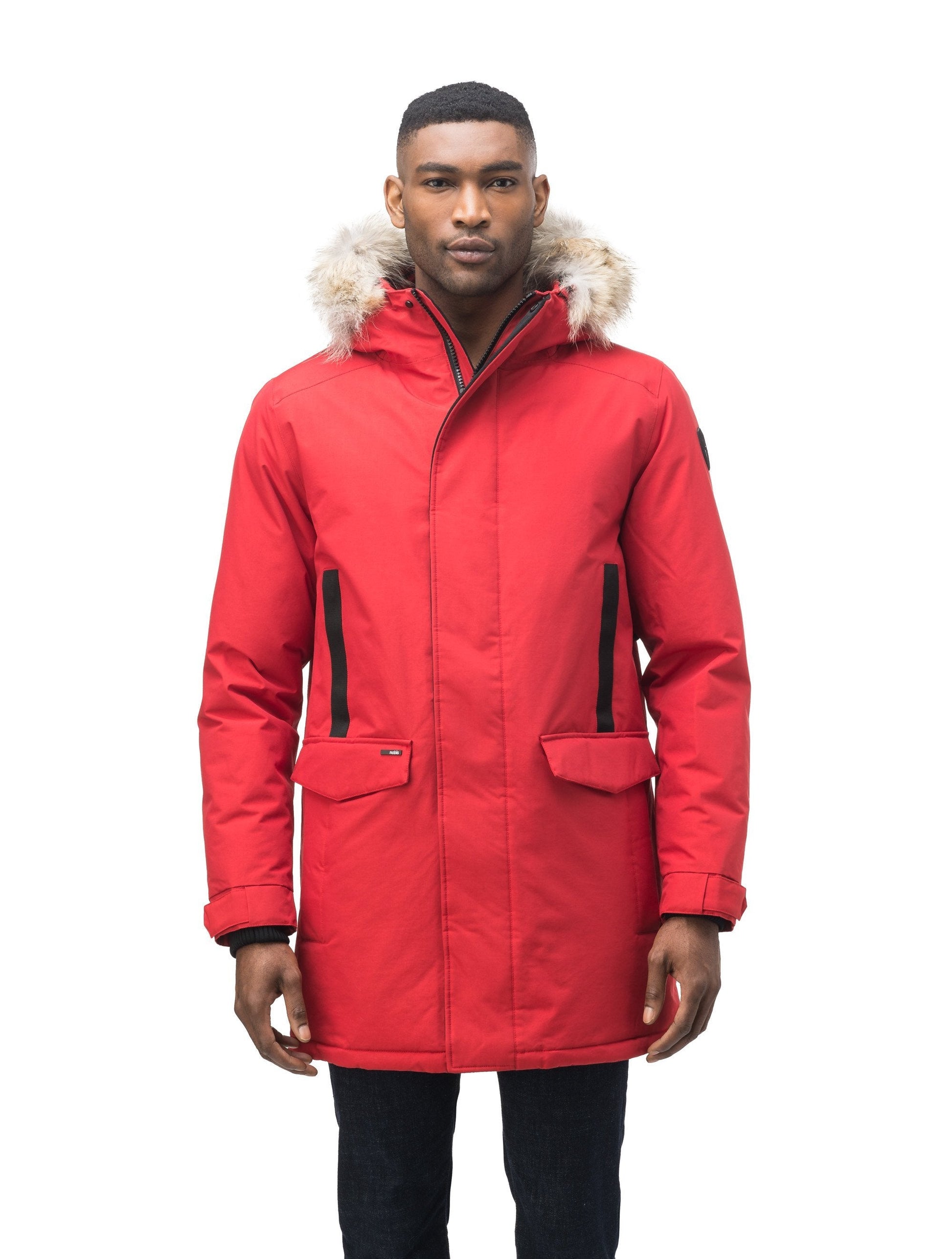Lightweight men's parka with duck down fill and removable fur trim around the hood in Vermillion