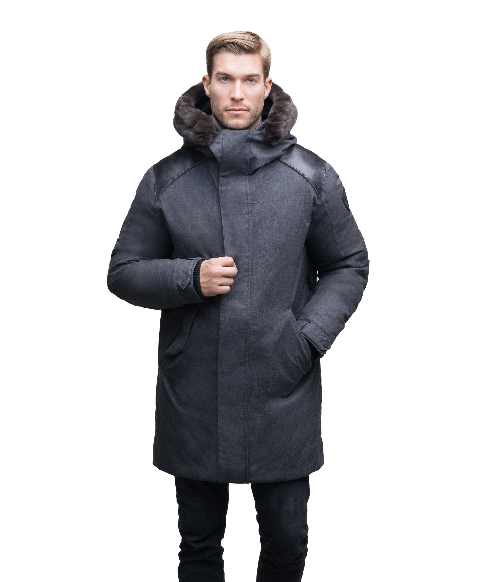 Men's down filled overcoat with premium washable Japanese DWR leather on both shoulders in H. Charcoal