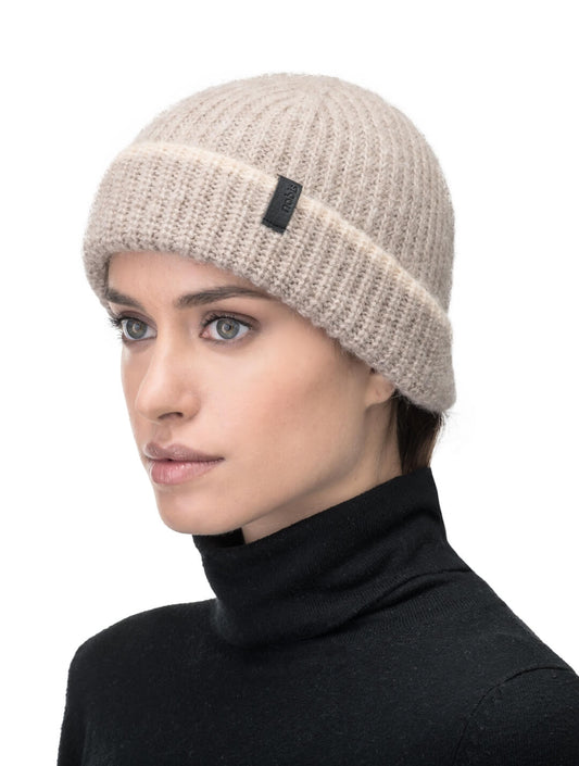 Dres Unisex 6-Dart Toque beanie in superfine alpaca and merino wool, contrast colour knit along cuff, and Nobis embossed leather label at the cuff, in Wheat
