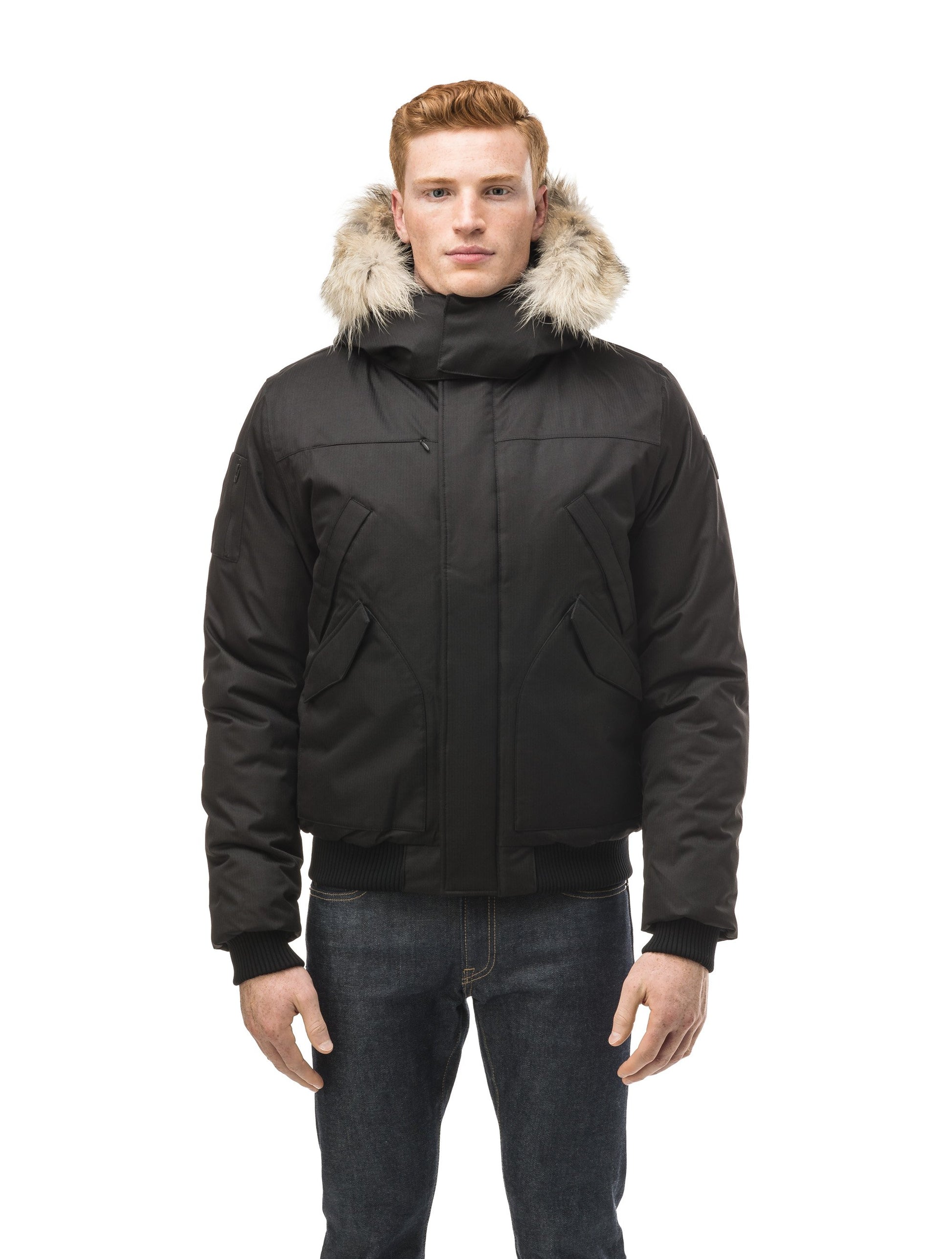 Men's classic down filled bomber jacket with a down filledÂ hood that features a removable coyote fur trim and concealed moldable framing wire in Black