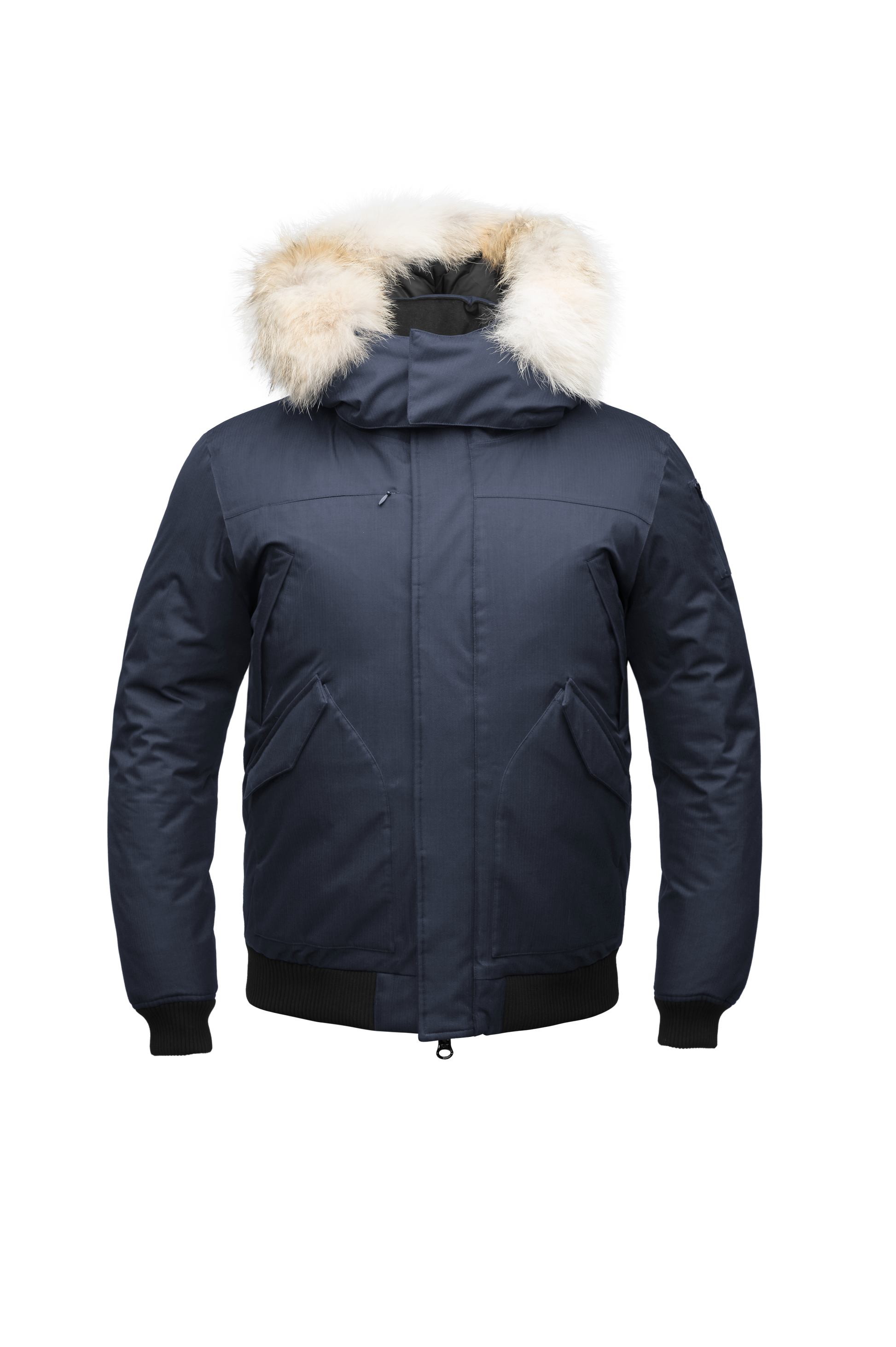Men's classic down filled bomber jacket with a down filled hood that features a removable coyote fur trim and concealed moldable framing wire in Navy