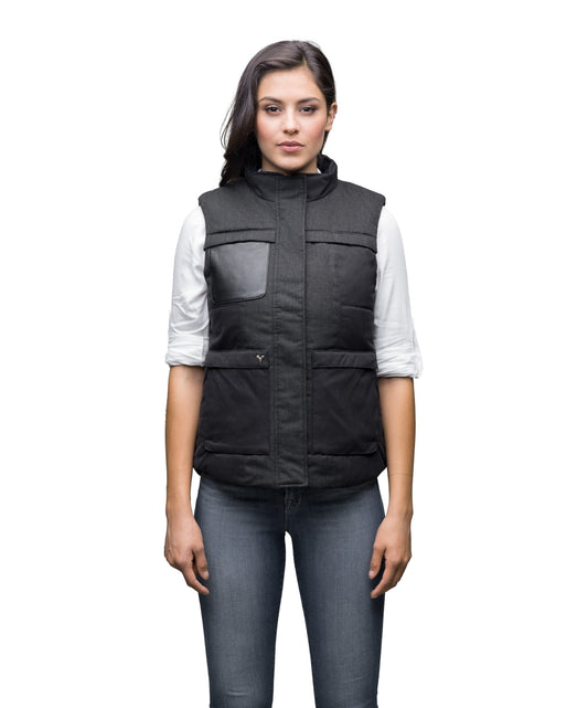 Women's down filled vest that features a 925 Sterling Silver Nobis Skull in Black
