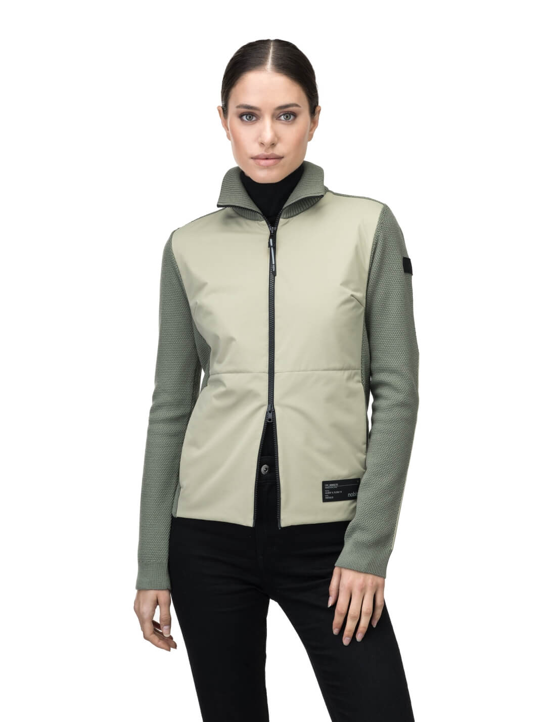 Evo Ladies Performance Full Zip Sweater in hip length, Primaloft Gold Insulation Active+, Merion wool knit collar, sleeves, back, and cuffs, two-way front zipper, and hidden waist pockets, in Tea