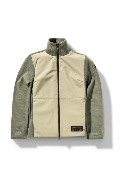Evo Ladies Performance Full Zip Sweater in hip length, Primaloft Gold Insulation Active+, Merion wool knit collar, sleeves, back, and cuffs, two-way front zipper, and hidden waist pockets, in Tea