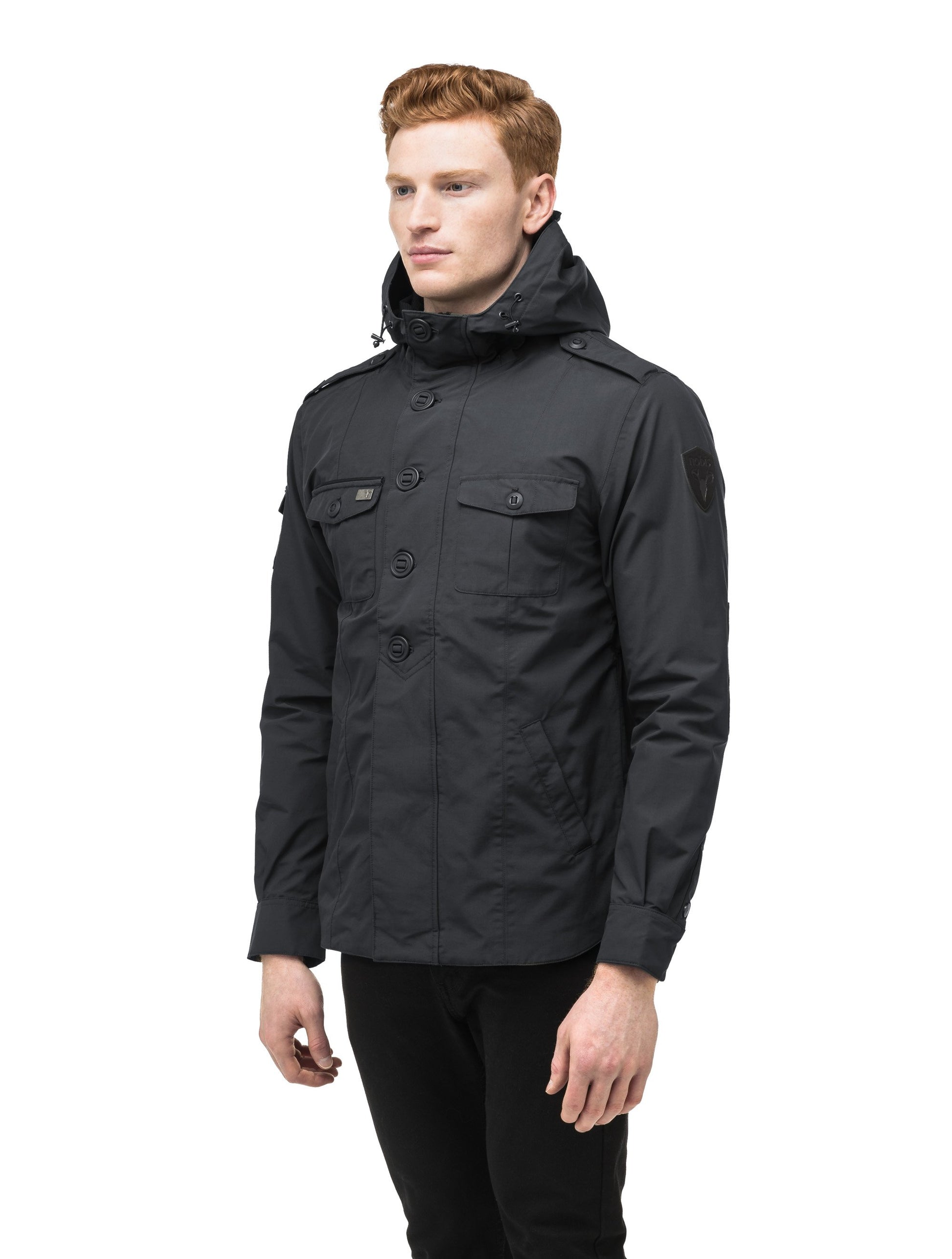 Men's hooded shirt jacket with patch chest pockets in Black