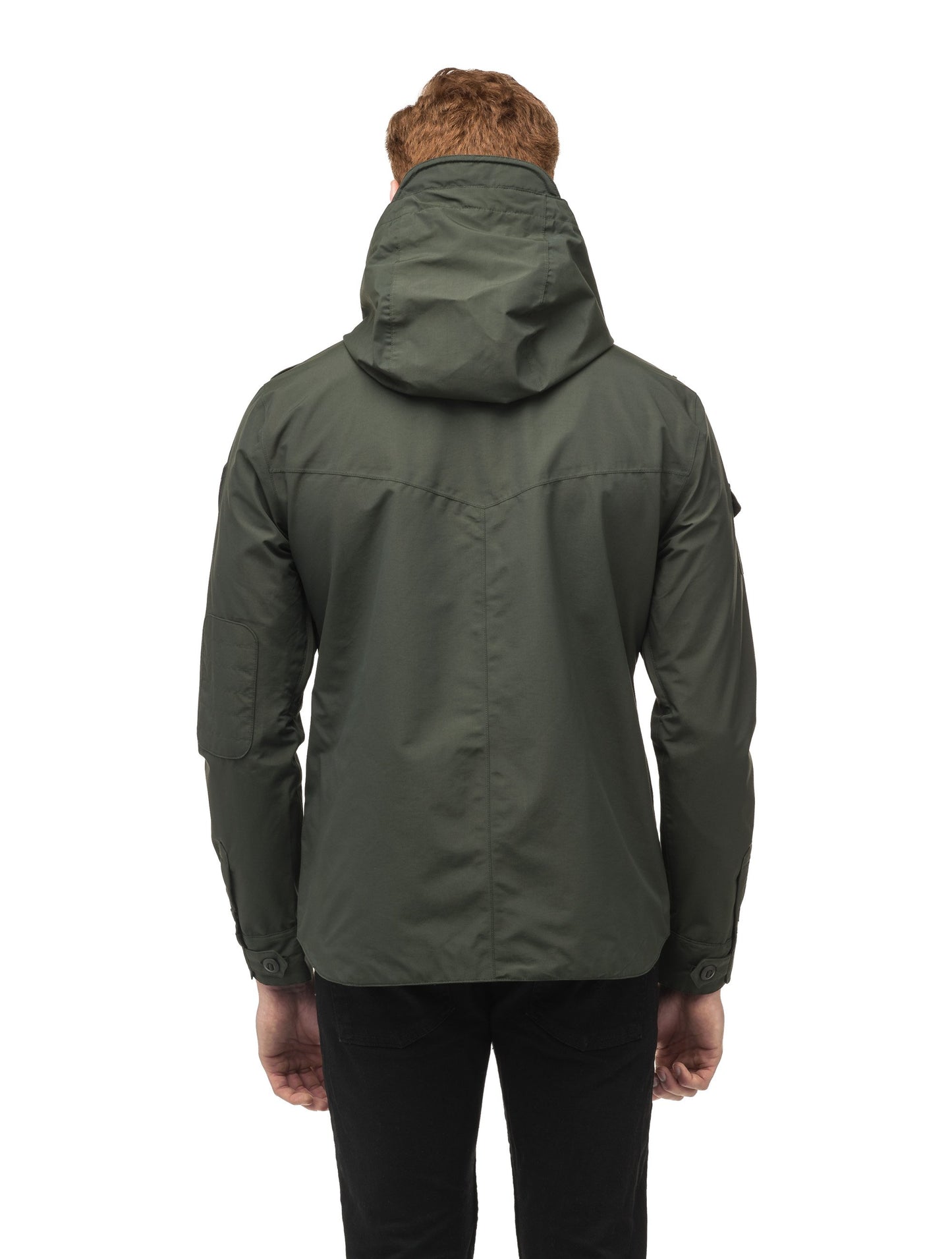 Men's hooded shirt jacket with patch chest pockets in Dark Forest