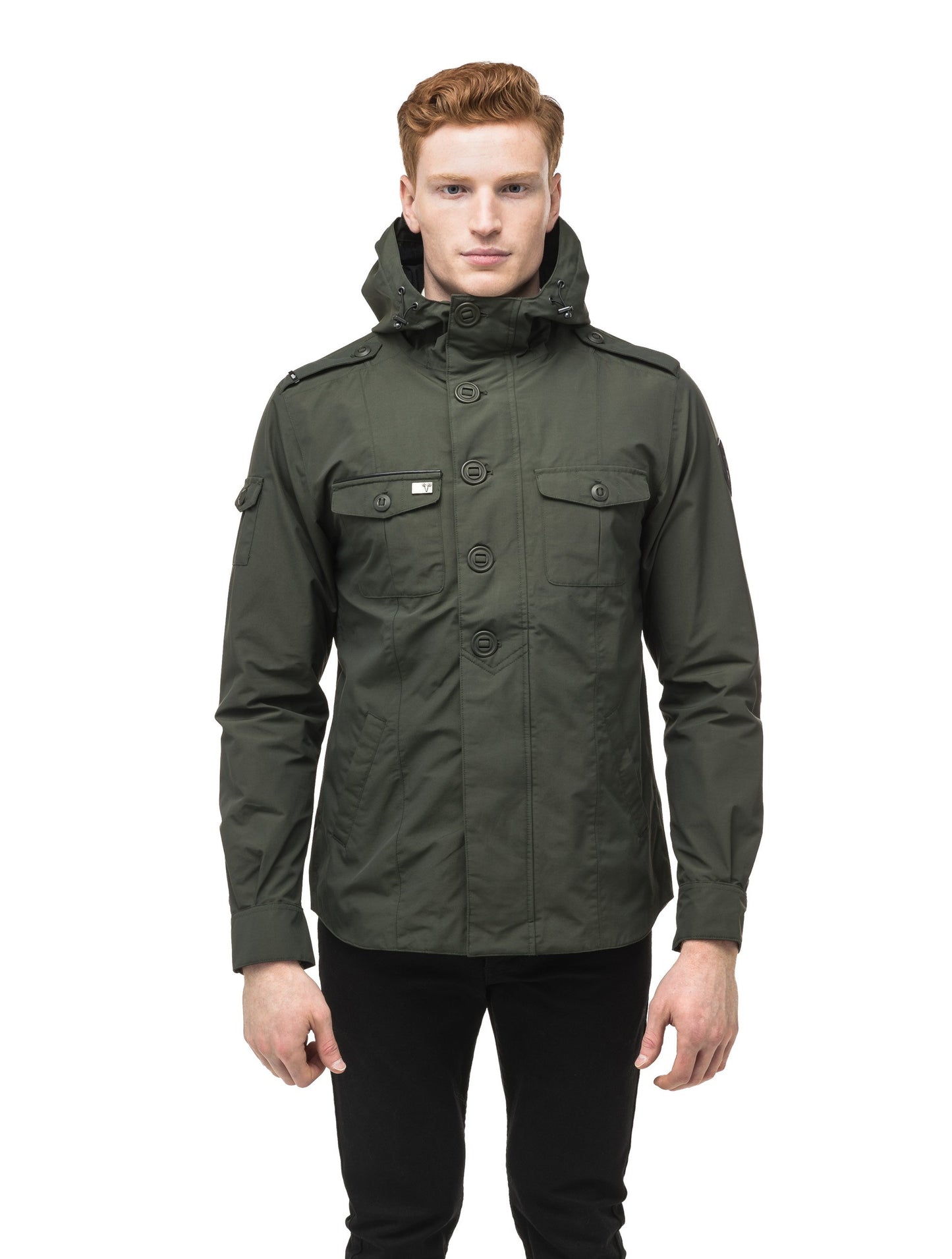 Men's hooded shirt jacket with patch chest pockets in Dark Forest