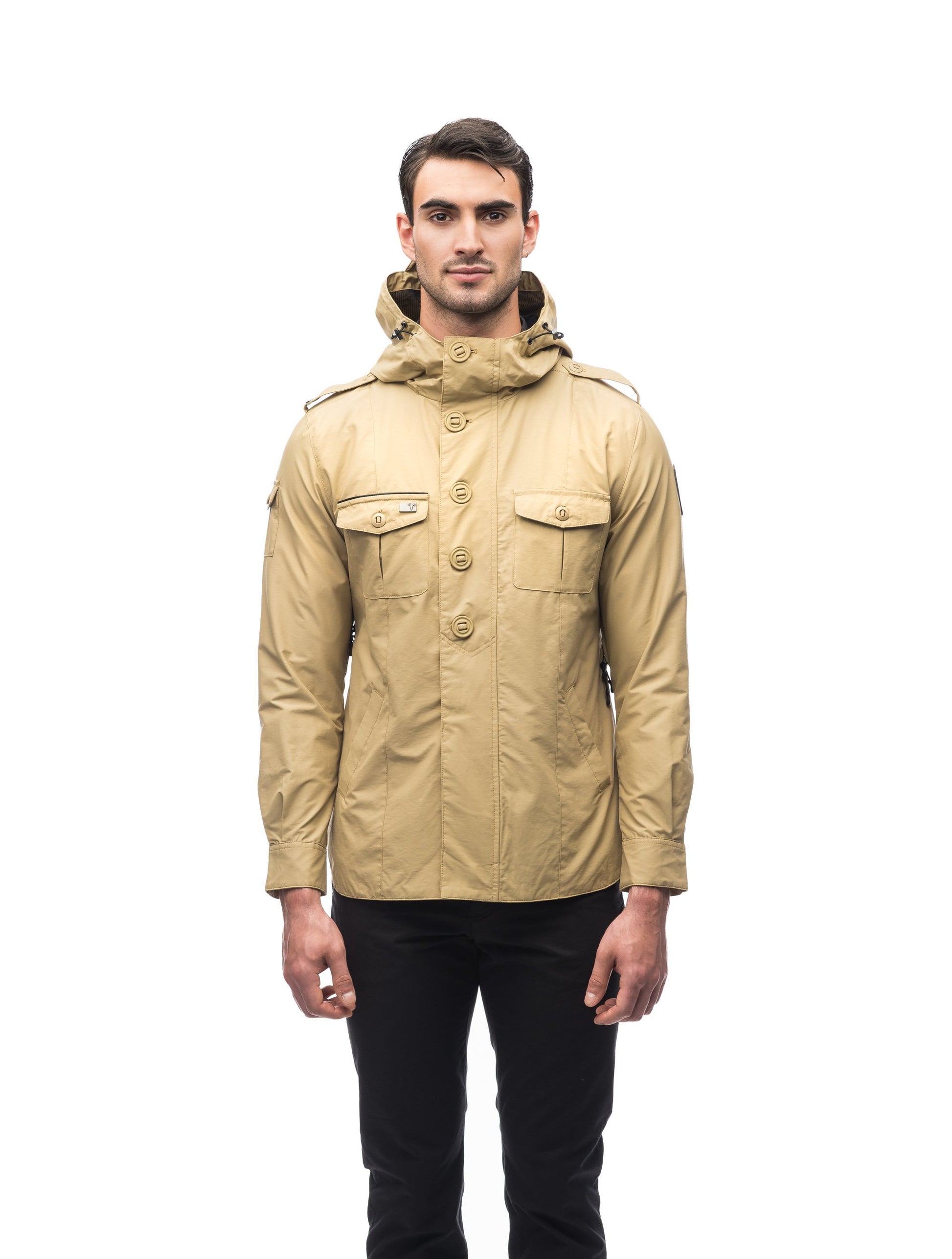 Men's hooded shirt jacket with patch chest pockets in Tan