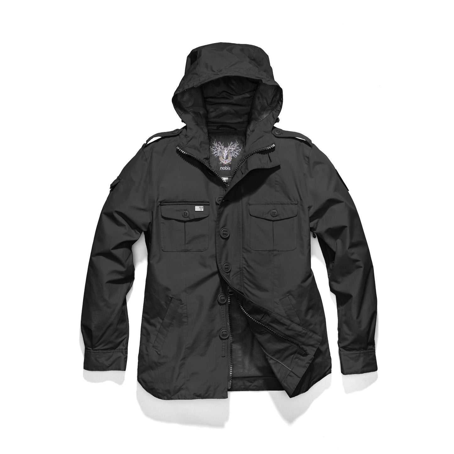 Men's hooded shirt jacket with patch chest pockets in Black