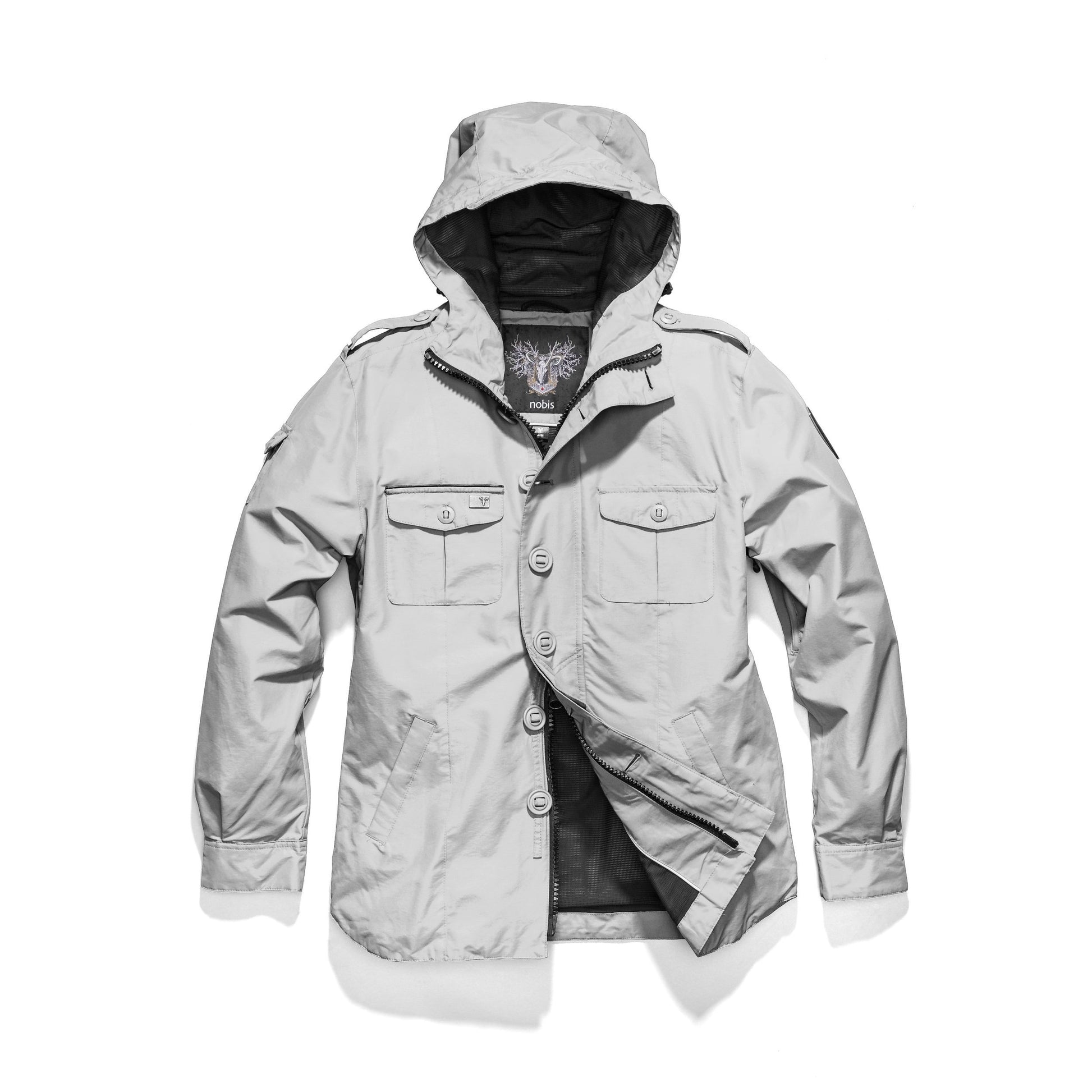 Men's hooded shirt jacket with patch chest pockets in Light Grey