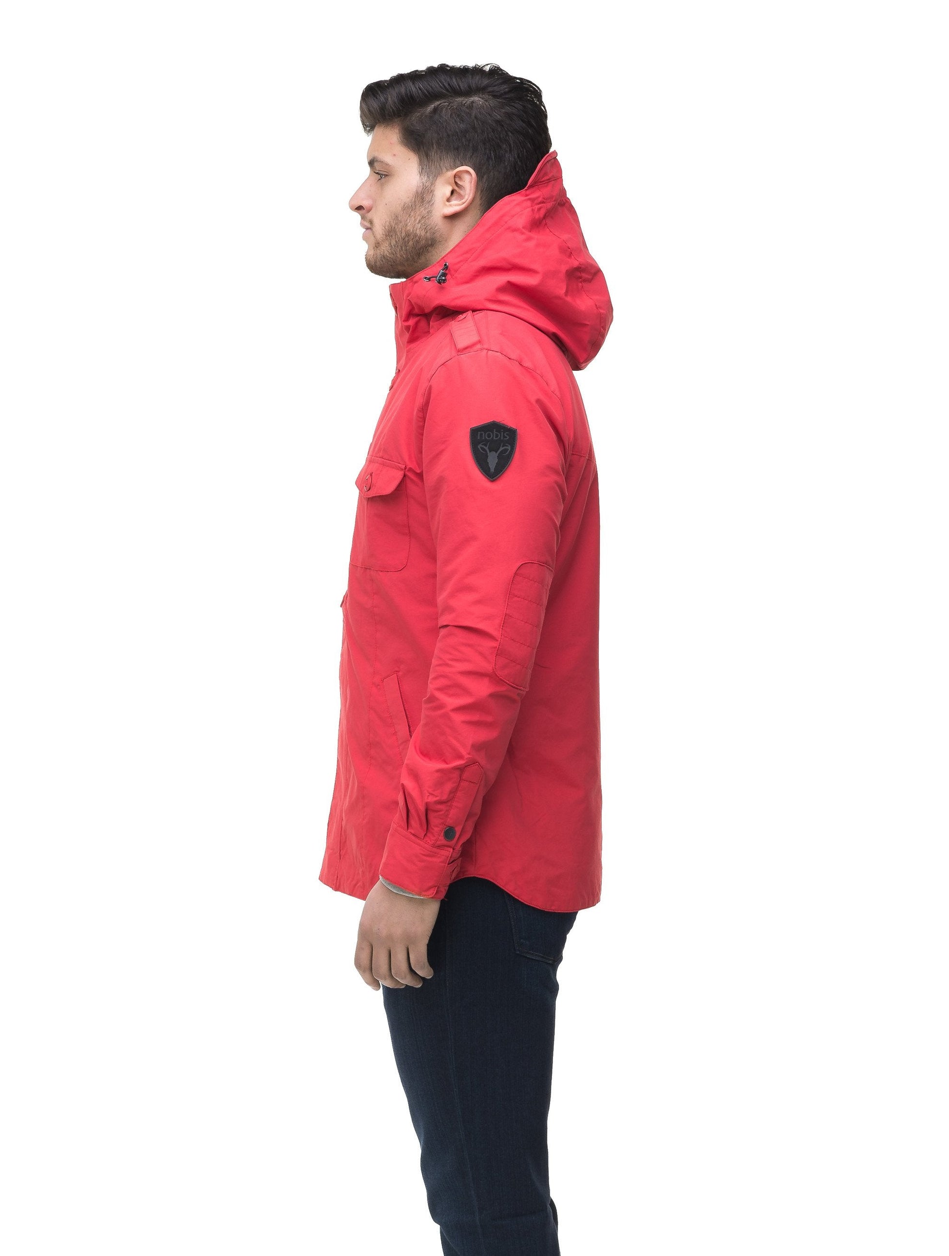 Men's hooded shirt jacket with patch chest pockets in Red