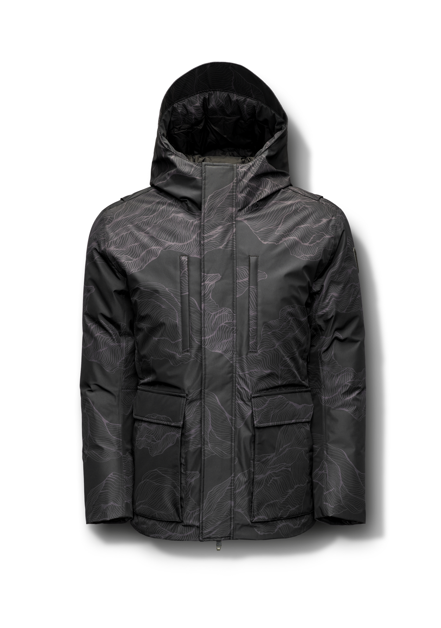 Geo Men's Short Parka in hip length, Canadian duck down insulation, non-removable hood, and two-way zipper, in Dark Desert