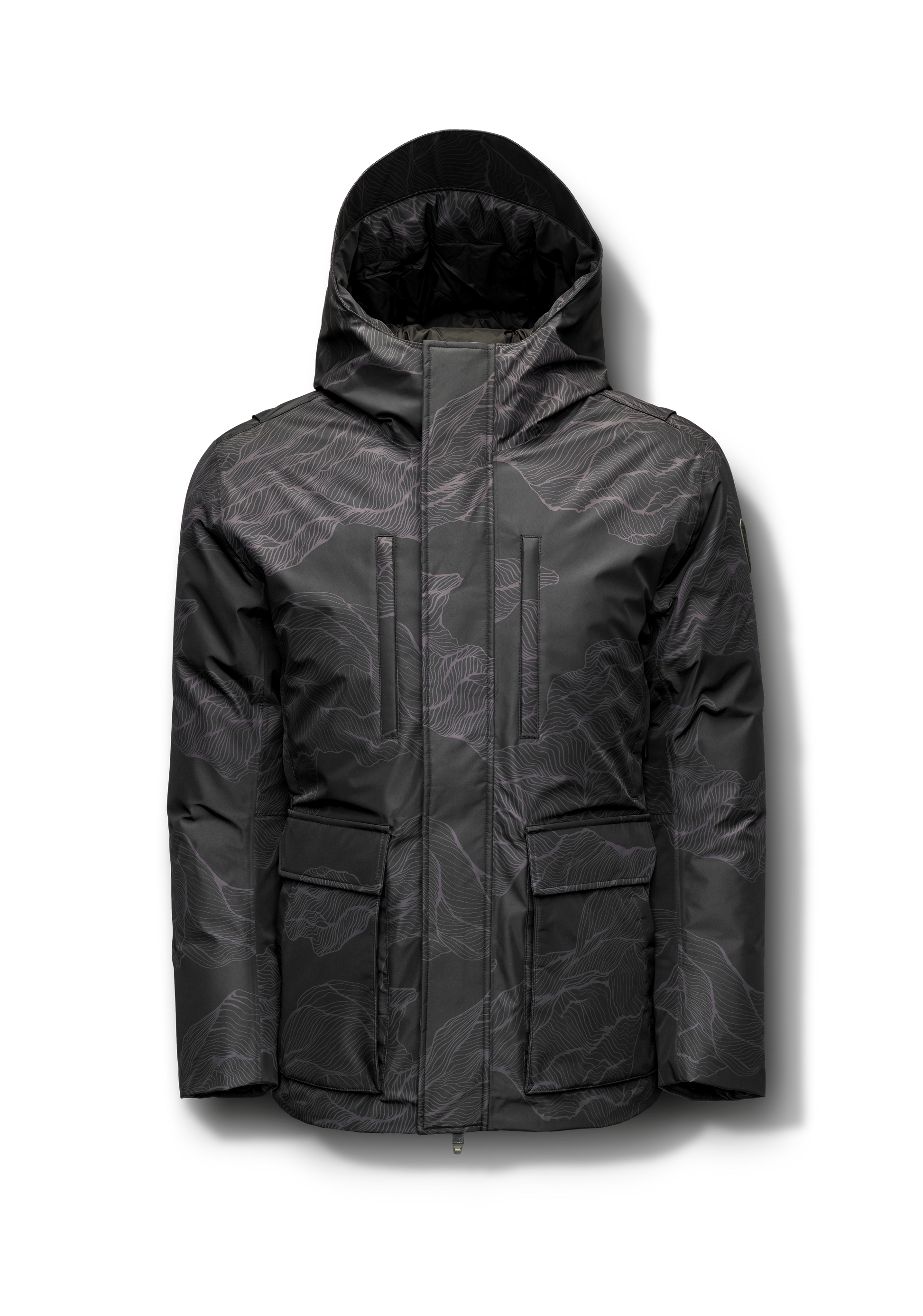 Geo Men's Short Parka in hip length, Canadian duck down insulation, non-removable hood, and two-way zipper, in Dark Desert
